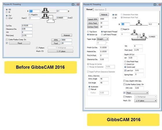 This side-by-side comparison of dialog boxes in GibbsCAM show some of 2016's new thread milling capabilities, including varying depth with geometry, automatically recognizing hole features, basing the number of Z passes for a thread's start and end Z on the tool's flute length, specifying details regarding multiple passes and spring passes, and whether to rapid or feed from the center to the clearance diameter.