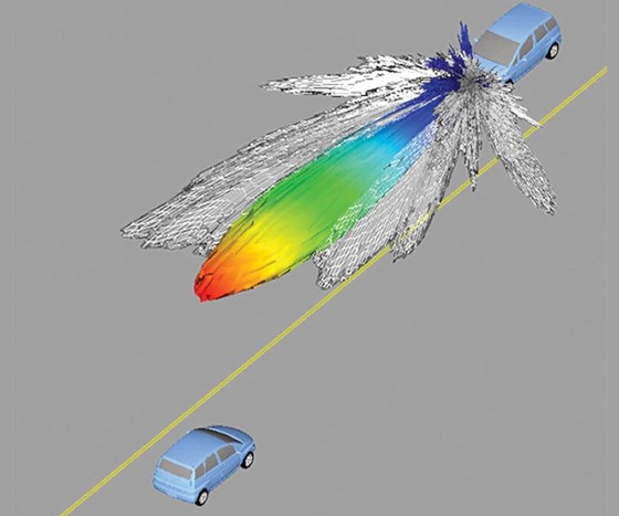 Radar analysis in Ansys 17.0 can simulate electromagnetic waves in environments ranging from small (such as in the passenger cabin) to huge (the real world of buildings, trees, and passing vehicles), and in between (around the car) using the finite element method, the shooting and bouncing ray analysis method, or a hybrid of the two.