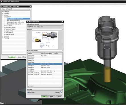 Esta pantalla muestra cómo la selección de ensambles de herramientas 3D en el MRL de Siemens PLM puede integrarse en el sistema NX CAM de la compañía.