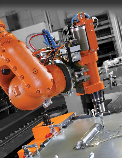 A six-axis, articulated industrial robot