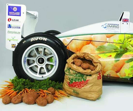 This is not an advertisement for a Formula 3 race car sponsored by a grocery store. Rather, those vegetables are amount the materials that are used in the production of that car. The work was performed by Kerry Kirwan and a team at the Warwick University Manufacturing Research Group, Sustainable Materials and Manufacturing. Potatoes for the body panels and carrots for the steering wheel—and a top speed of 125 mph.