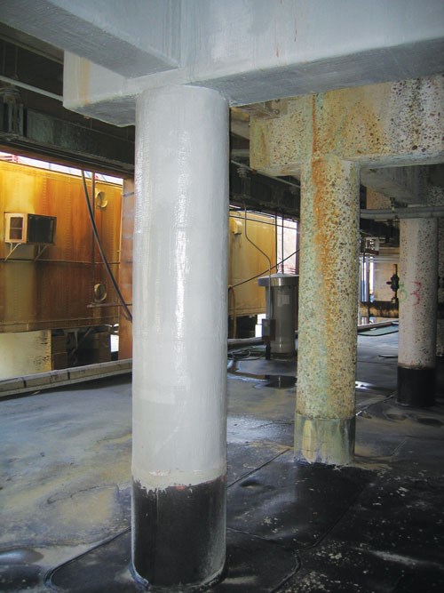 Corrosion Damaged Cellhouse Column, and colum wrapped in FRP by QuakeWrap