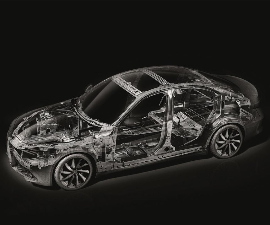 The underlying structure of the Giulia. The vehicle brings together steel, aluminum, carbon fiber composites and plastics. The vehicle received the EuroCarBody 2016 award from Automotive Circle International, besting competitors including the Acura NSX, Volvo V90, Bentley Bentayga and Aston Martin DB 11. The car scored 39.46 points out of a total of 50 on criteria ranging from innovative use of materials to manufacturing processes.