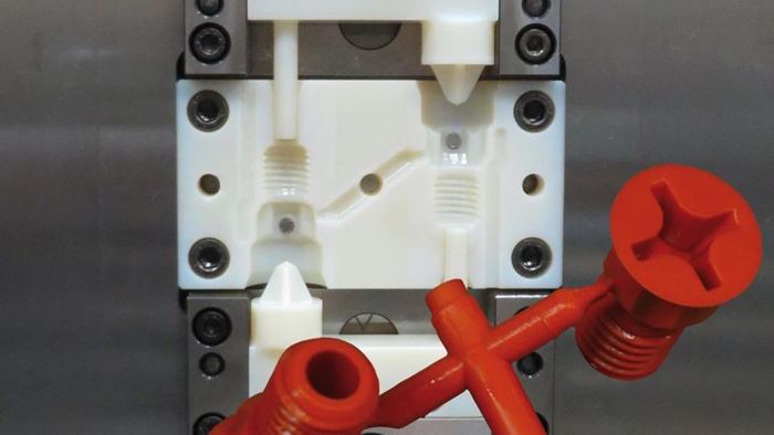 3D-printed cavity, core and slide faces within a Hasco quick-change mold system