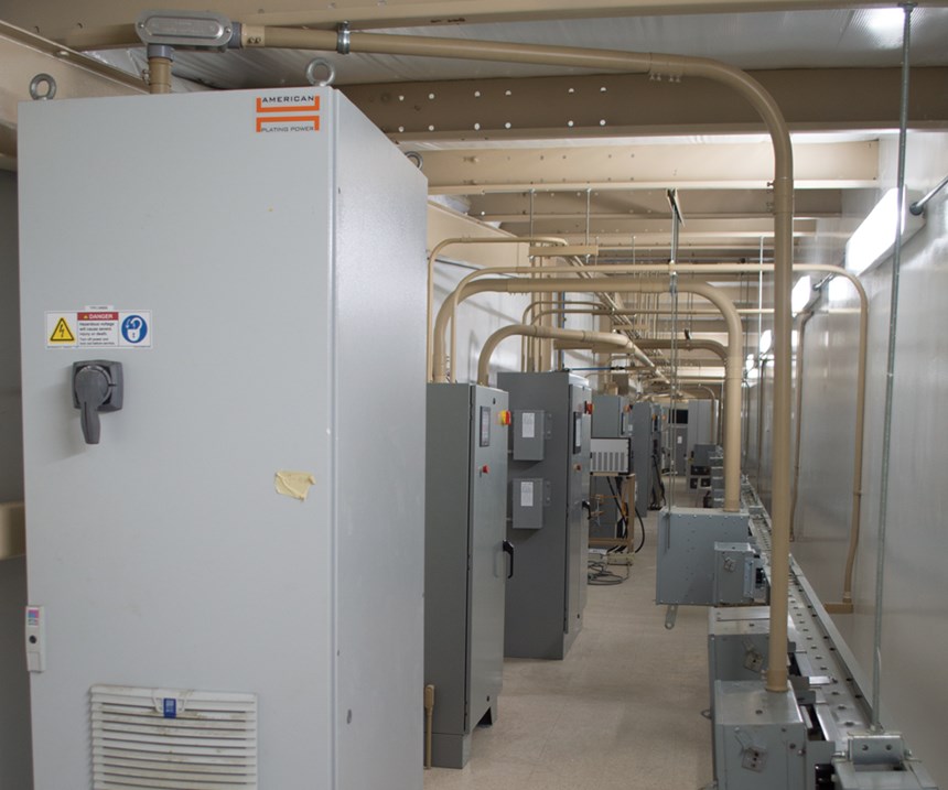 Sun Glo partnered with American Plating Power to design an area that kept rectifiers, control cabinets, heat exchangers and pumps in a separate room on the end of the facility.
