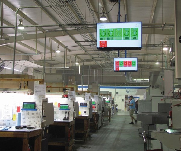 Large-screen TVs keep everyone at CNC Swiss-turning specialist Carolina Precision Manufacturing (CPM) aware of how closely machines are meeting their goals. 