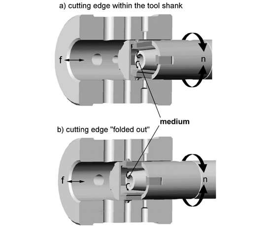 A diferencia de los otros cuatro modelos probados, las herramientas de Dr. Beier-Entgrattechnik accionan los insertos de corte hacia afuera del vástago a través de la presión del aire o del fluido.