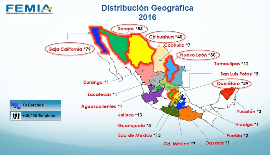 Esta es la distribución geográfica de las empresas de la industria aeroespacial radicadas en México.