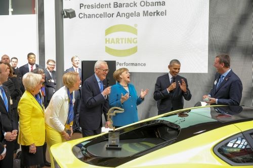 Obama and Merkel at Harting booth