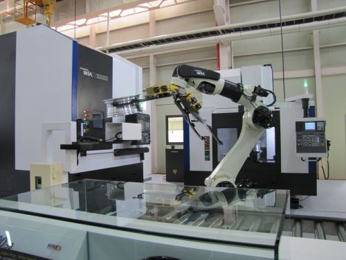 hree-machine cell with robotic part handling 