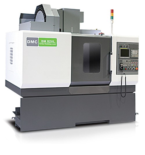 DMC Machine Tools’ DM V series of vertical machining centers features a belt-type spindle providing speeds as fast as 8,000 rpm. The DM 52VL model, pictured here, accommodates workpieces ranging to 1,543 lbs on a 43.31" × 20.47" worktable. 