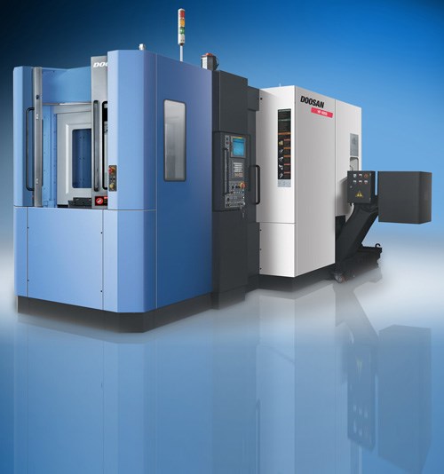The HC 400 horizontal machining center from Doosan features a telescopic cover inclined at a 30-degree angle to direct chips into a trough, keeping the area around the table clean. High-velocity air jets clear the chips while the machine’s APC changes the pallets. 