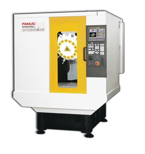 Available from Methods Machine Tools, the FANUC D21 RoboDrill vertical machining center is equipped with the FANUC 31iB control for FSSB high-speed processing. The D21MiA, pictured, features a medium-sized bed and is one of four available variations.  