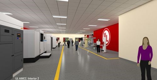 The UL AMCC will include various companies’ additive manufacturing machines, as suggested by the row of machines in this rendering.