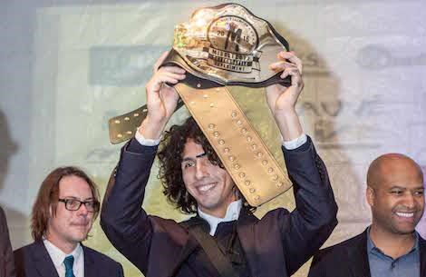 2016 Sketchbattle winner, Omar Gonzalez, with his championship belt.