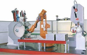 Robotic cell for belt grinding/polishing and buffing of buckles.