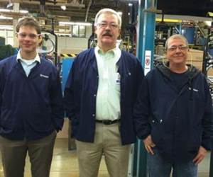 Moen’s plating engineering group includes, from left to right, Christian Wiggins (CEF), Jim Romine (MSF) and John West (CEF).
