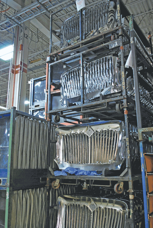 Plastic plated parts are stacked and waiting to be sent to assembly plants