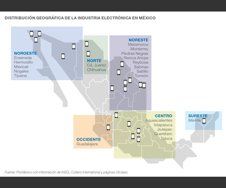 Distribución geográfica de la industria electrónica en México.