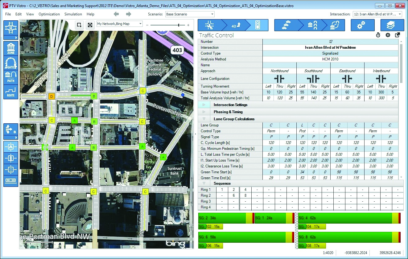 PTV Group traffic simulation software leads users through planning and optimizing traffic control devices in a city using maps and aerials, drag-and-drop, node templates, and “snap-to-handles.” These simulations also help analyze the interactions between vehicles and those “smart” traffic devices.