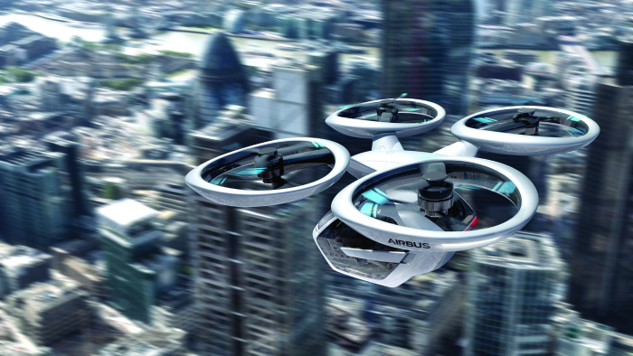 The Audi/Italdesign/Airbus Pop.Up Next, urban transport vehicle in flight. It is a fully electric vehicle, whether in the sky or on the ground.