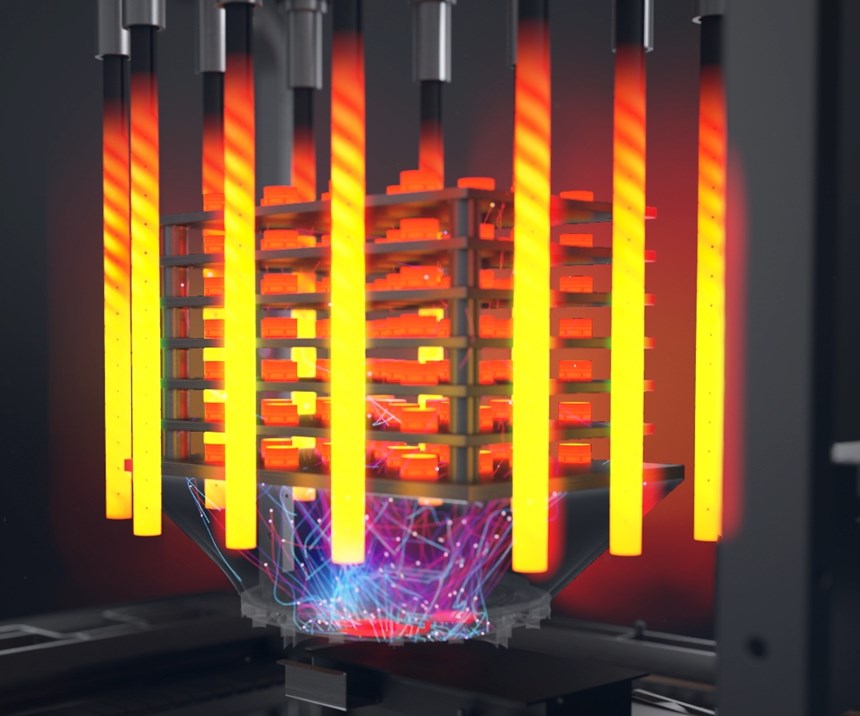 In the Desktop Metal system, a multidirectional microwave antenna heats the “green” part to just below its melting point, burning off the binding agent and fusing the metal particles.