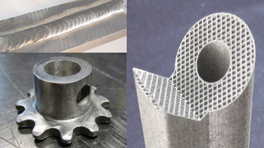 3D-printed composite parts show welding, grinding and lattices.