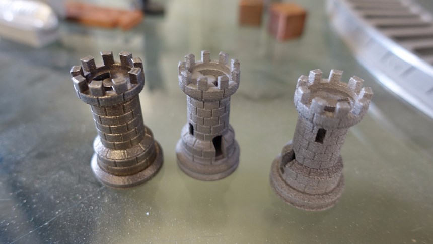 3D-printed rooks in steel, Inconel and metal matrix composite