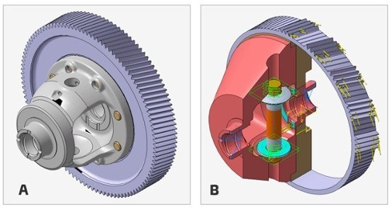 These are models of a) a conventional differential of front transverse transmission, and b) a package model of differential. All the inner contours needed by any function (bevel gears, side shafts, bearings, etc.) were subtracted from this body (Figure b).  