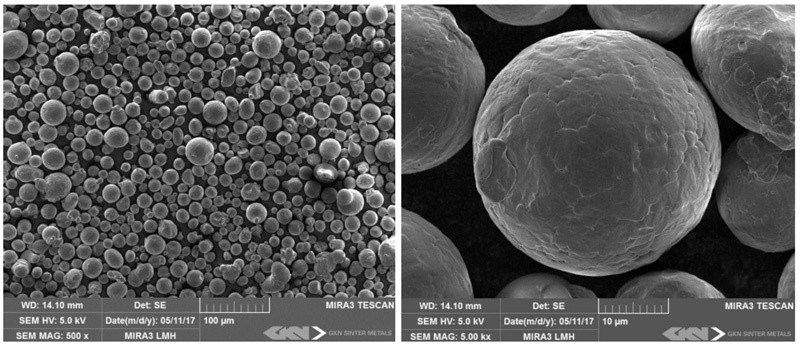 These are SEM images of 20MnCr5 powder for L-PBF. GKN developed 20MnCr5 as an optimal candidate for laser powder bed fusion. 
