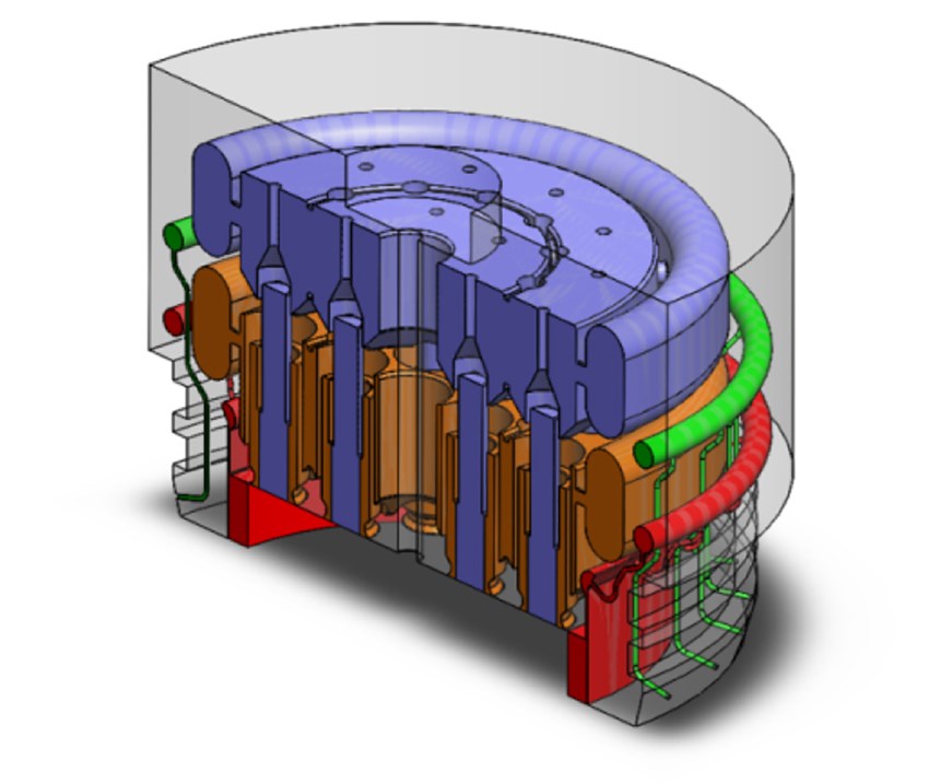 Cooling channels inside the injector head designed by DLR and 3D Systems