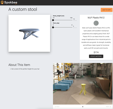 shopping page for a 3D printed stool 