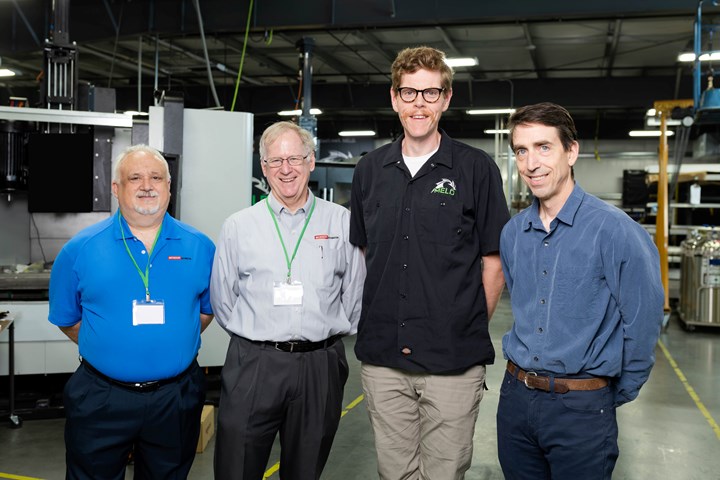 At the MELD Manufacturing facility in Christiansburg, Virginia (from left): Jack Plyler and Chuck Padvorac of Beckhoff meet with Chase Cox and Fred Lalande of MELD.
