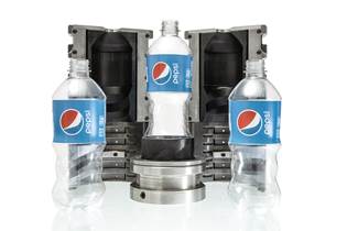 iterations of plastic PepsiCo bottles in front of 3D-printed blow molds for the bottles