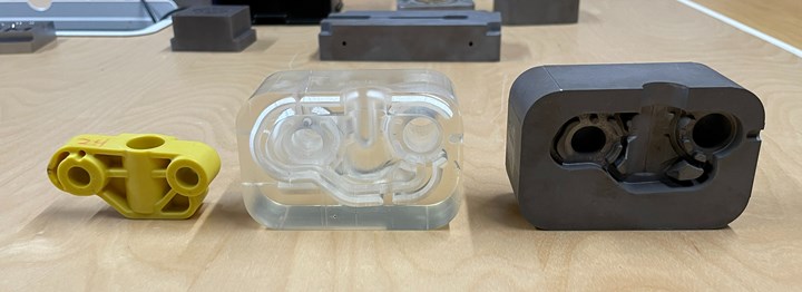 final part, clear model, and Mantle 3D printed mold 