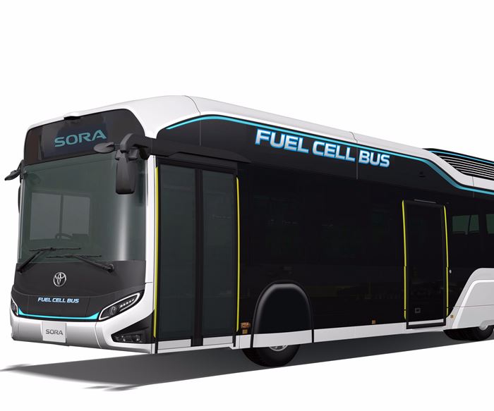 Toyota fuel cell bus featuring carbon fiber roof.