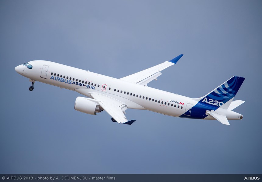 Airbus A220 single-aisle aircraft with infused wings