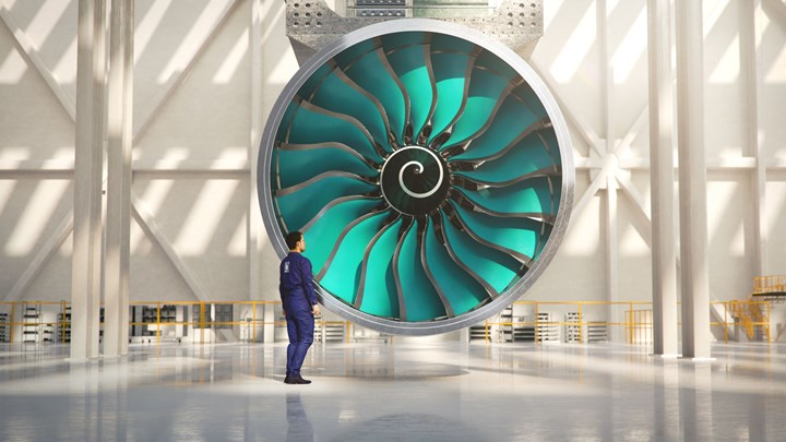 Artist rendering of the UltraFan featuring a 140-inch-diameter set of composite fan blades
