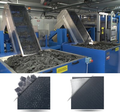 Industrial production line for recycling thermoplastic polymers and composites into organosheet