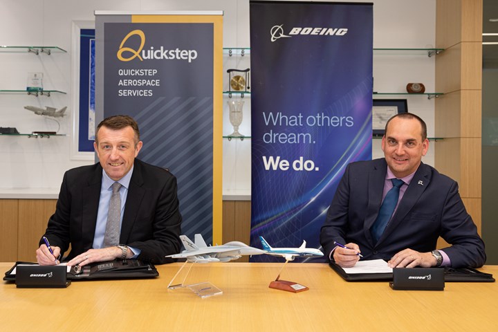 Quickstep CEO, Mark Burgess and Boeing Defence Australia VP Scott Carpendale signing the Asset Purchase Agreement