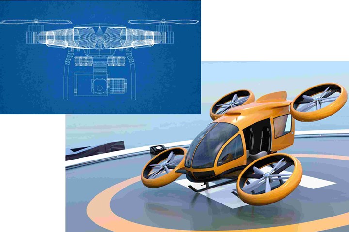drone CAD drawing and Urban Air Mobility with quad rotors