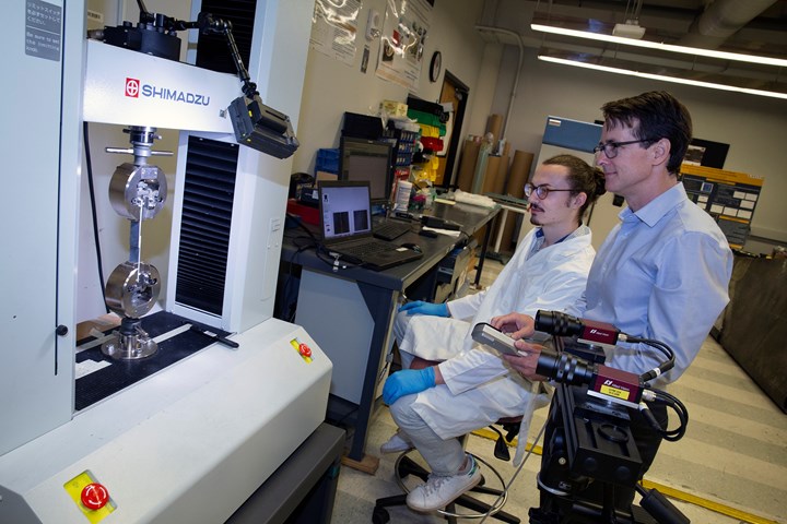 Prof. Chris Muhlstein and his graduate student, Daniel Cantrell, conduct composite joint testing with the Digital Image Correlation technique.