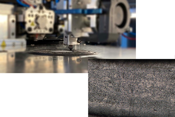 Wizard 480+ 3D printer and micrograph of continuous carbon fiber/PEEK print