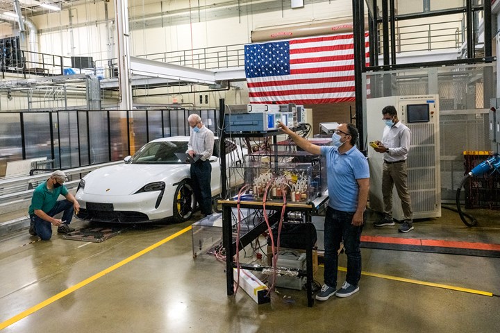 Oak Ridge National Laboratory (ORNL) researchers work in the Extreme Fast-Charging Lab in ORNL’s Grid Research Integration and Deployment Center.