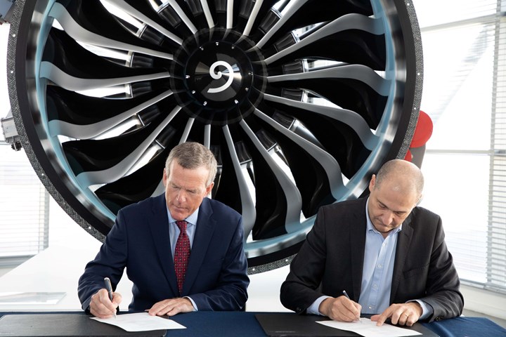 Bill Higgins, Albany International president and CEO (left) and Jean-Paul Alary, CEO of Safran Aircraft Engines (right), sign partnership extension.