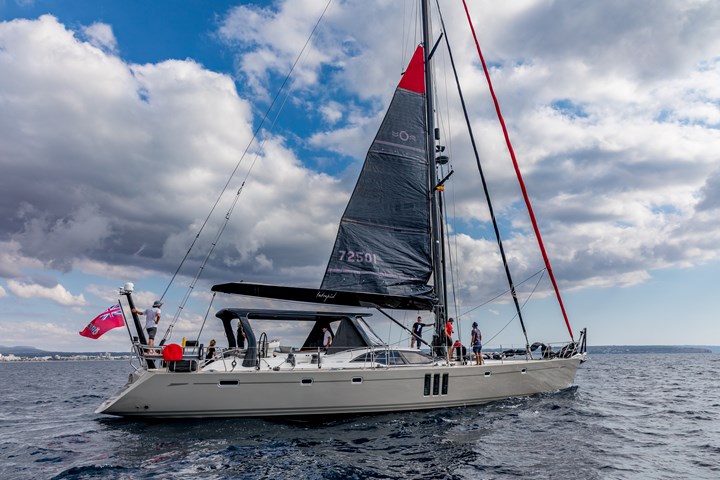 Finished hardtop is shown here on its first sea trial in Palma Bay. Photo Credit: Oyster Yachts