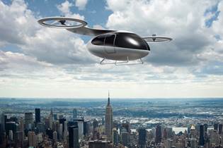 concept of passenger drone flying above NYC