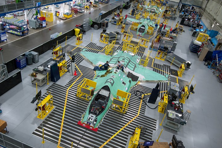 The Lockheed Martin F-35 Lightning II production line in Fort Worth, Texas.