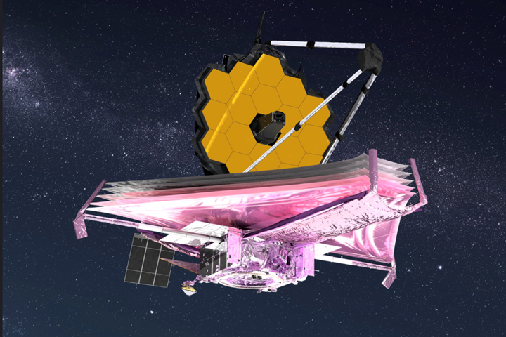 This artist’s conception of the James Webb Space Telescope (JWST) in space,