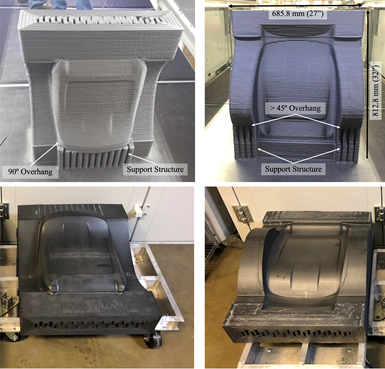 As printed (above) and post-print machined (below) seatback mold halves in CF/PPSU.